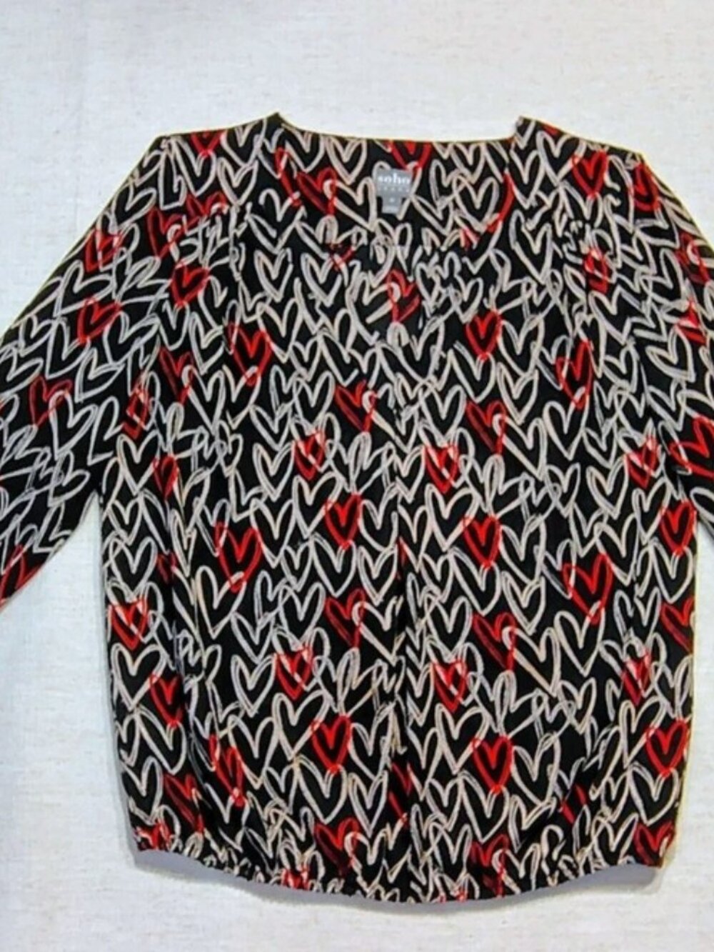 Boston Proper Black Blouse with Red & Cream Heart Print